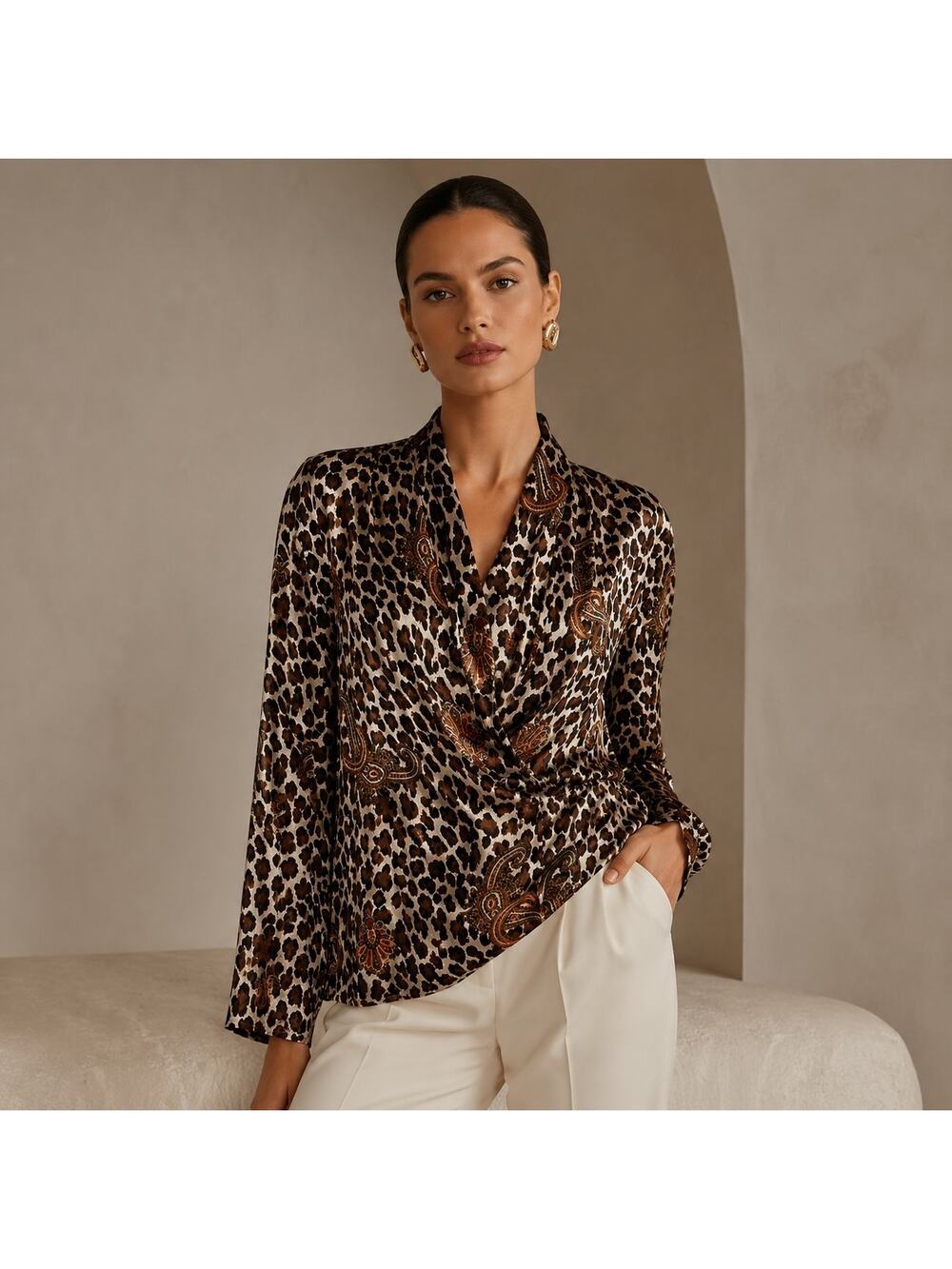 Vintage Brown Leopard Paisley Galinda Silk Wrap  Top Small